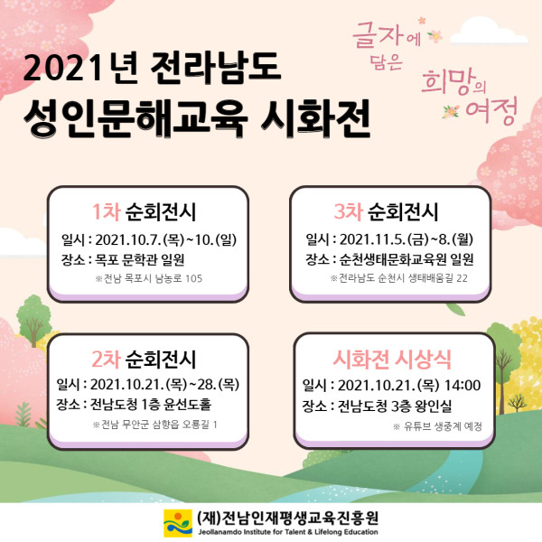 2021년 전라남도 성인문해교육 시화전. 글자에 담은 희망의 여정. 1차 순회전시: 2021년 10월 7일(목)~10일(일), 장소: 목포 문화관 일원(전남 목포시 남농로 105). 2차 순회전시: 2021년 10월 21일(목)~28일(목), 장소: 전남도청 1층 윤선도홀(전남 무안군 삼향읍 오룡길 1). 3차 순회전시: 2021년 11월 5일(금)~8일(월), 장소: 순천생태문화교육원 일원(전남 순천시 생태배움길 22). 시화전 시상식: 2021년 10월 21일(목) 14:00, 장소: 전남도청 3층 왕인실(유튜브 생중계 예정). 주최: (재)전남인재평생교육진흥원.