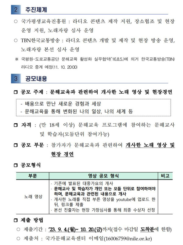 추진체계: 국가평생교육진흥원은 라디오 콘텐츠 제작 지원, 장소협조 및 심사 운영. TBN한국교통방송은 라디오 콘텐츠 개발, 제작, 현장 방송 운영, 본선 심사 운영. 공모내용: 문해교육과 관련하여 개사한 노래 영상 및 현장경연. 주제: 배움으로 만난 새로운 경험과 세상, 문해교육을 통해 변화된 나의 일상과 세계. 자격: 만 18세 이상 문해교육 프로그램 참여자. 공모 부문: 개사한 노래 영상 및 현장경연. 형식: 기존 대중가요 개사, 문해교육 관련 내용으로 개사 후 유튜브에 업로드, 링크 제출. 제출기한: 9월 4일(월)~10월 20일(금) 접수 마감일 도착분. 제출처: 국가문해교육센터 이메일 16006759@nile.or.kr.