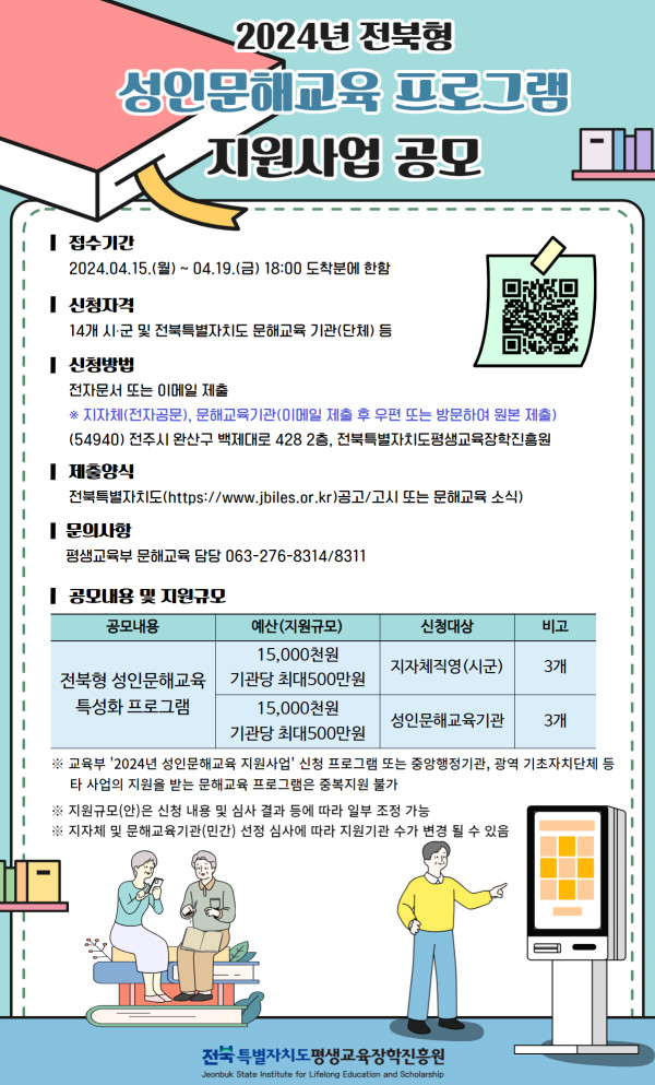 2024년 전북형 성인문해교육 프로그램 지원사업 공모.   접수기간: 2024년 4월 15일 월요일부터 4월 19일 금요일 18시 도착분에 한함.   신청자격: 14개 시·군 및 전북특별자치도 내 문해교육 기관(단체) 등.   신청방법: 전자문서 또는 이메일 제출 — 지자체(전자문서), 문해교육기관(이메일 제출 후 우편 또는 방문하여 원본 제출).   주소: 54940 전주시 완산구 백제대로 428, 2층 전북특별자치도평생교육장학진흥원.   제출양식: 전북특별자치도 홈페이지 공고/고시 또는 문해교육 소식 게시판.   문의사항: 평생교육부 문해교육 담당 063-276-8314 / 8311.   공모내용 및 지원규모: 전북형 성인문해교육 특성화 프로그램.   예산 15,000천원, 기관당 최대 500만원 지원.   신청대상: 지자체직영(시·군) 3개, 성인문해교육기관 3개.   유의사항: 중앙행정기관, 광역기초자치단체 등 중복지원 불가, 신청 내용 및 심사 결과에 따라 일부 조정 가능.   지자체 및 문해교육기관의 심사 결과에 따라 지원기준은 변동될 수 있음.   하단 문구: 전북특별자치도평생교육장학진흥원 Jeonbuk State Institute for Lifelong Education and Scholarship.