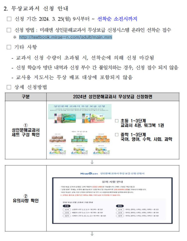 2. 무상교과서 신청 안내.   신청 기간: 2024년 3월 25일 월요일 오전 9시부터 선착순 소진 시까지.   신청 방법: 미래엔 성인문해교과서 무상보급 신청시스템 온라인 선착순 접수 (http://textbook.mirae-n.com/adult/main.mrn).   기타 사항: 교과서 신청 수량 초과 시 선착순 마감, 학습자 명단 내역과 신청 부수 불일치 시 접수 불가, 교사용 지도서는 무상 배포 대상 아님.   상세 신청 방법.   ① 성인문해교과서 세트 구성 확인 — 초등 1~3단계 교과서 4권, 워크북 1권 / 중학 1~3단계 국어, 영어, 수학, 사회, 과학.   ② 유의사항 확인 — 미래엔 성인문해교과서 무상 보급 신청 화면의 유의사항 안내 페이지.
