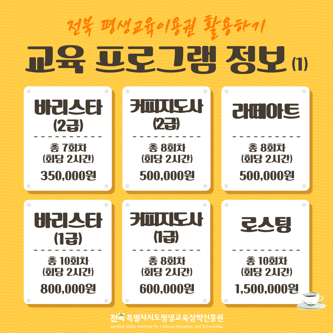 교육프로그램 정보 (1). 바리스타 2급, 커피지도사 2급, 라떼아트, 바리스타 1급, 커피지도사 1급, 로스팅 과정 안내.
